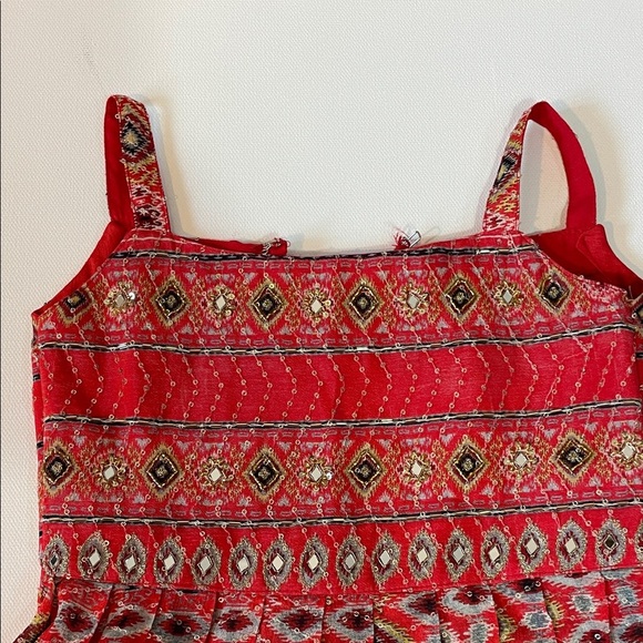 Vintage Red Two-Piece Set Beaded Embroidered Top & Ruffle Pants - Picture 5 of 16